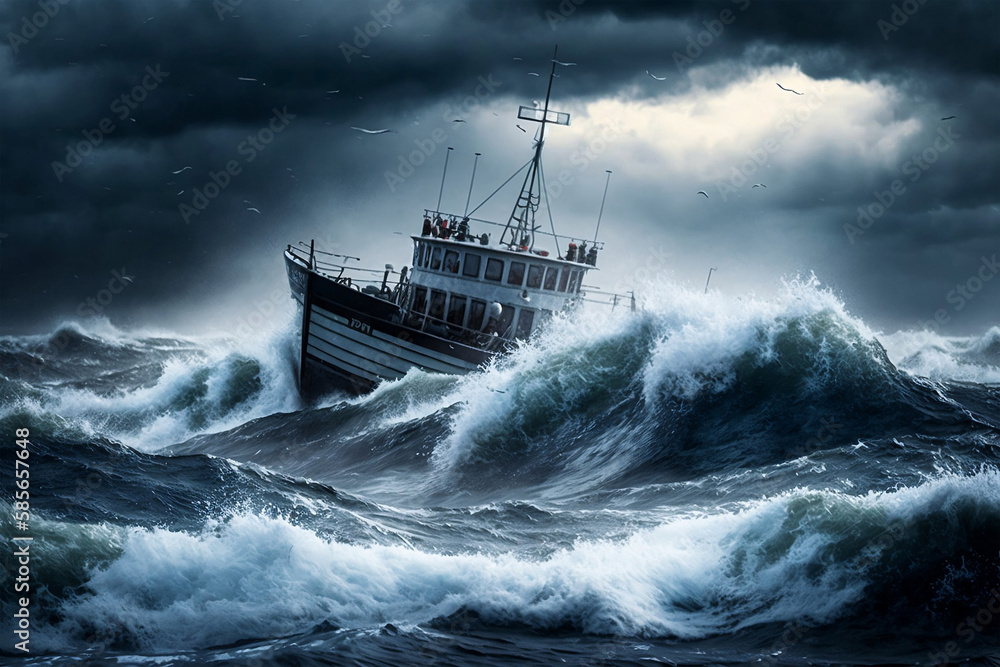 Fishing boat in a storm, generative ai
