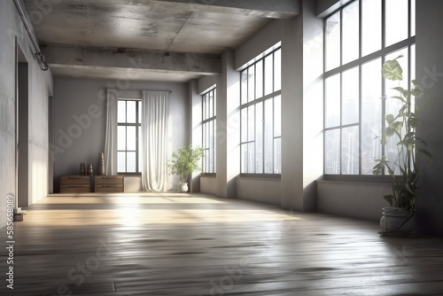 an Empty Room with Natural Light and a Potted Plant. Generative AI © AkuAku
