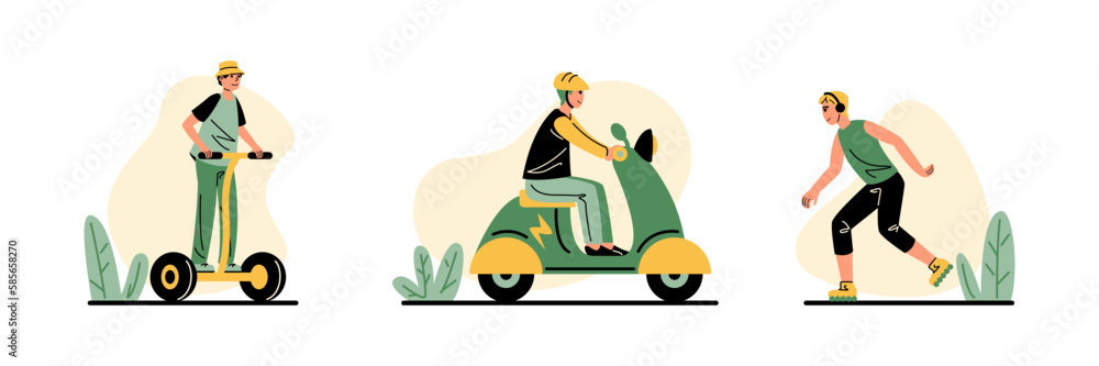 Set of colored cartoon characters using eco transport. Active young people driving modern electric vehicles such as segway, bike and rollers in city. Vector
