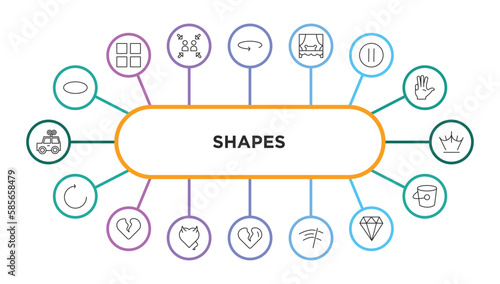 shapes outline icons with infographic template. thin line icons such as elliptic, 360, spa room, round stop button, reign, rotate circle, heartbreak, devil heart with wings, broken heart, winshield