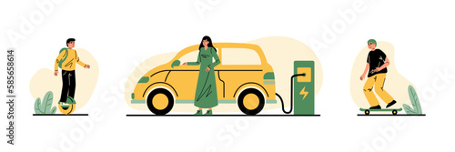Set of colored cartoon characters using sustainable transport. People using unicycle, electric car and skate. Reducing world energy consumption. Vector