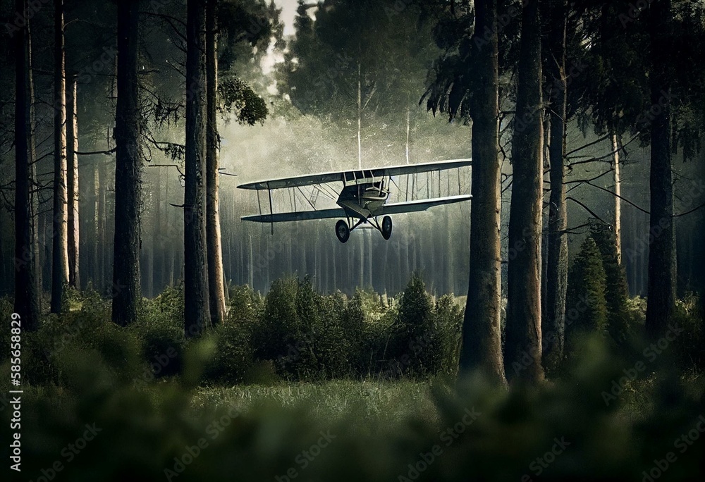 Wright Brothers biplane type B flying over a field with trees woods in the background. Wright Brothers airplane being tested. First Military Plane Purchased by US. Biplane circa 1910. Generative AI - obrazy, fototapety, plakaty 