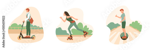Group of young active people using eco friendly transport. Cartoon characters driving modern electric vehicles such as scooter, rollers and unicycle. Vector