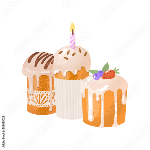 Easter cake set. The traditional celebration of Easter in April. Images for decorating the house in the spring holiday. Sweet pastries covered with icing. Vector illustration.