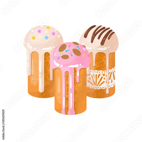 Easter cake set. The traditional celebration of Easter in April. Images for decorating the house in the spring holiday. Sweet pastries covered with icing. Vector illustration.