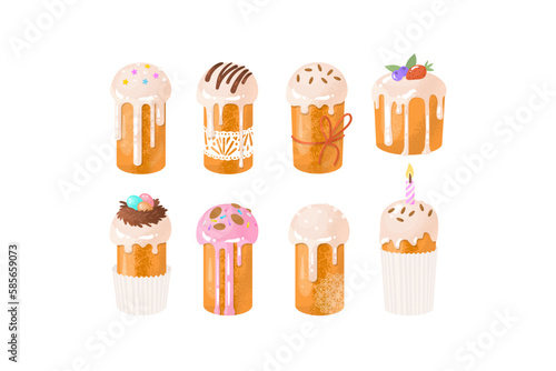 Easter cake set. The traditional celebration of Easter in April. Images for decorating the house in the spring holiday. Sweet pastries covered with icing. Vector illustration.