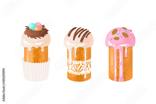 Easter cake set. The traditional celebration of Easter in April. Images for decorating the house in the spring holiday. Sweet pastries covered with icing. Vector illustration.