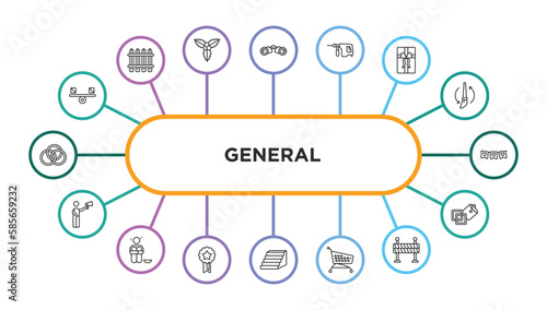 general outline icons with infographic template. thin line icons such as balancer, binocular, perforator, birthday present, party decoration, leader with loudspeaker, poverty, winning, steps,