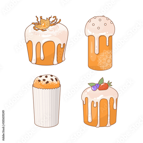 Easter cake set. The traditional celebration of Easter in April. Images for decorating the house in the spring holiday. Sweet pastries covered with icing. Vector illustration.