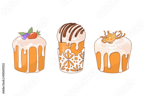 Easter cake set. The traditional celebration of Easter in April. Images for decorating the house in the spring holiday. Sweet pastries covered with icing. Vector illustration.