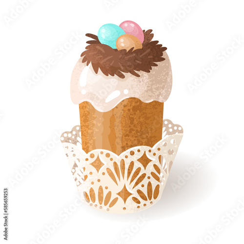 Easter cake in an openwork basket, decorated with a decorative nest with eggs.The traditional celebration of Easter in April. Images for spring holidays. Sweet pastries. Vector illustration.