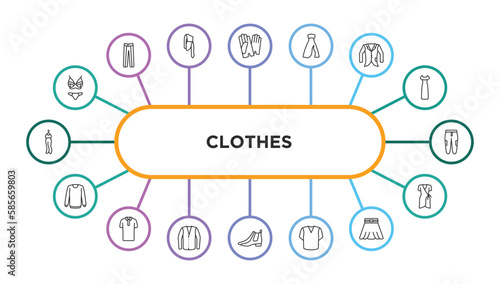 clothes outline icons with infographic template. thin line icons such as lingerine, leather gloves, long bandeau dress, oxford wave blazer, chi pants, collarless cotton shirt, cotton polo shirt,