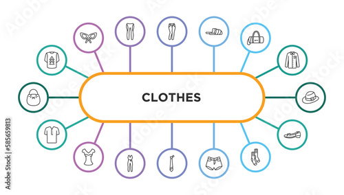 clothes outline icons with infographic template. thin line icons such as t shirt with de, slim fit pants, sleepers, barrel handbag, men hat, henley shirt, chiffon suffle blouse, jumpsuit, tie, denim