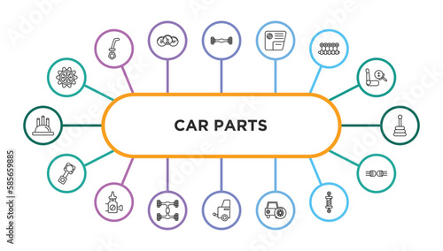 car parts outline icons with infographic template. thin line icons such as car sprocket, car axle, glove compartment, crankshaft, transmission, piston, choke, chassis, towbar, spare wheel, coil,