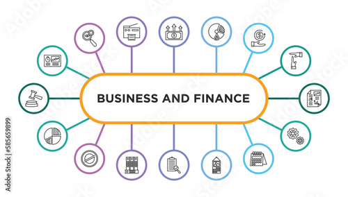 business and finance outline icons with infographic template. thin line icons such as hash rate, spending, pie chart diagram, money back, infographics, data circular chart, stellar, binder,