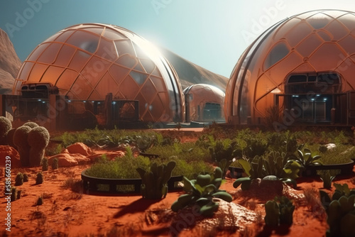 Fényképezés Mars colony with sleek domed structures and greenhouses.