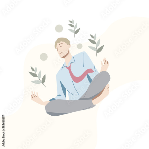 Businessman yoga meditation relax from work. Self care, love yourself icon or body positive concept.Hand draw style. Vector illustration.