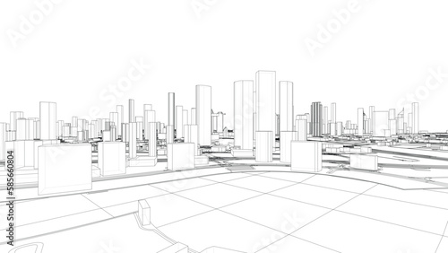 Fényképezés Outline city concept vector. Wire-frame style
