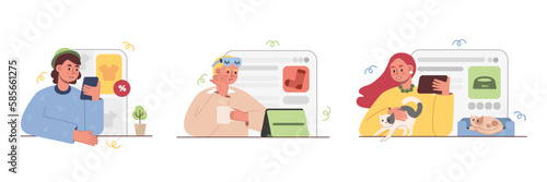 Set of cartoon characters doing shopping online using different gadgets. Young people making purchases over Internet. Digital environment and mobile applications for shopping. Vector