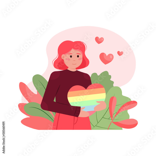 Colored cartoon character of woman participating in pride parade. Young people supporting lgbt community. No violence and discrimination. Equality and homosexuality. Vector