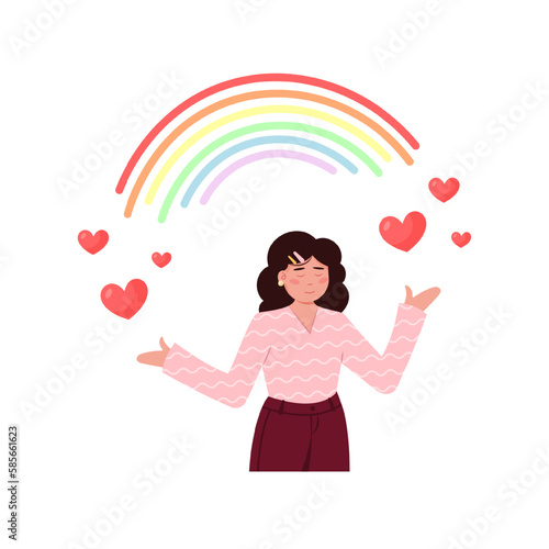 Cartoon character of young woman participating in lgbt pride. People visiting pride parade against discrimination. Supporting equality and homosexuality. Vector