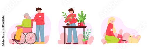 Set of young people from volunteering organization. Cartoon characters helping other people, nature and pets. Donation and charity. Group of volunteers working. Vector
