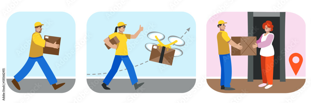 Fototapeta premium Set of cartoon characters delivering parcels on time. Express safe courier services. Doorstep delivery to home or office. Fast shipping in city. Vector