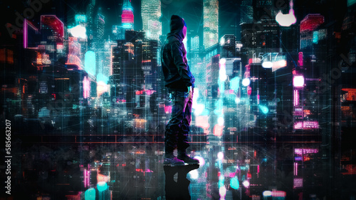 Hacker man standing in front of a city full of lights. 3d illustration render