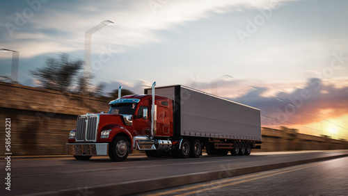 American style truck on freeway pulling load. Transportation theme. 3D illustration