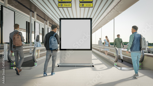 3D Render. Blank billboard in corridor the airport. Useful for your advertising.