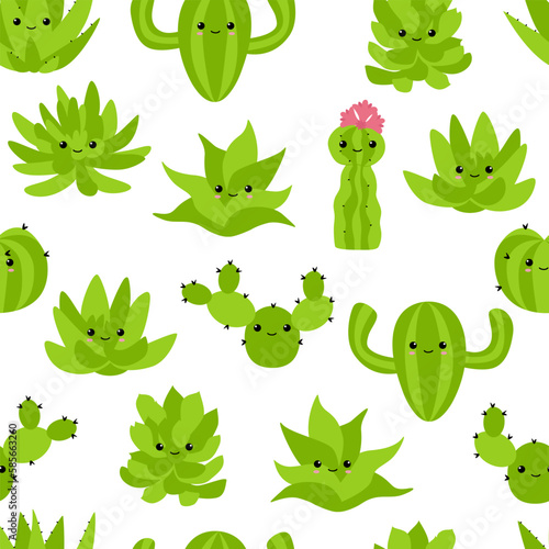 Seamless smile cacti and succulents. Funny seamless pattern