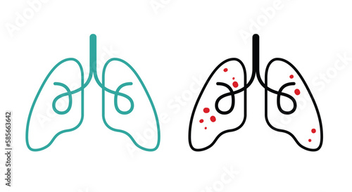 Healthy lungs and lungs disease minimalist lineart illustration. Emphysema chronic obstructive pulmonary disease concept. Normal lung vs lungs damaged by COP. Vector icons isolated on white background