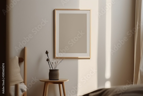 Wooden frame leaning on the warm and cozy background in the interior mockup. Template of a picture frame on a wall 3D rendering, generative AI.