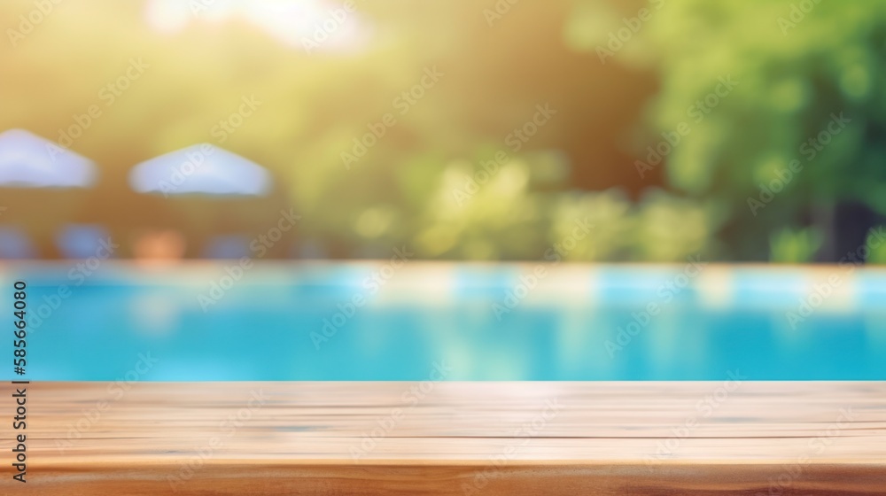Abstract empty wooden table top over blur swimming pool summer background. Generative AI.