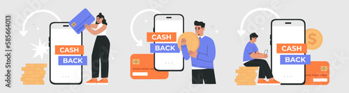 Set of young peoples receives cashback from online payment. Concept of Internet transaction, money saving. Hand drawn vector illustration isolated on light background, flat cartoon style