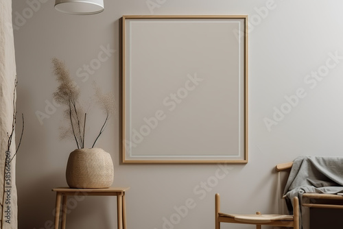 Fototapeta Naklejka Na Ścianę i Meble -  Wooden frame leaning on the warm and cozy background in the interior mockup. Template of a picture frame on a wall 3D rendering, generative AI.