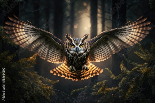 owl flying through dark forest, its eyes shining, created with generative ai
