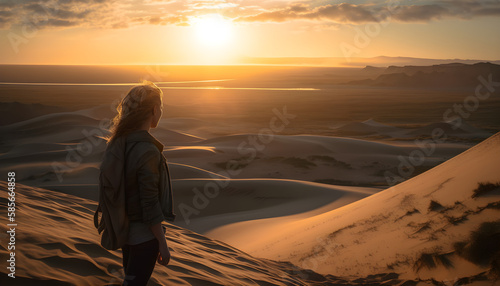 woman in sand dunes watching sunset