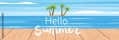 Summer long banner. Summer scene with island on the horizon and palms tree. Hello summer vector illustration.