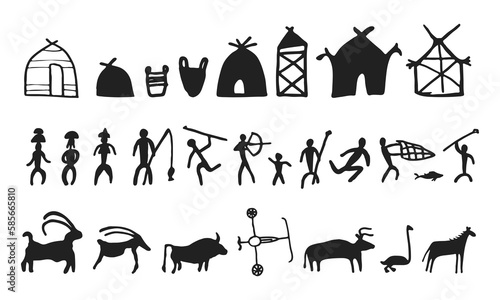 Cave painting prehistoric rock art hand drawn sketch style vector illustration set. Rock age cave paintings set with prehistoric wild animals, tribal people and village buildings.