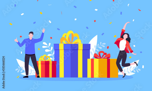 Get online reward and gifts, earn loyalty program points. Get loyalty card and customer service business concept flat design vector illustration. Tiny people with big gift boxes.