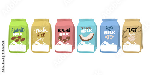  Strawberry, blueberry honey, vanilla, chocolate, coconut and almond. Vector. Set of different vegetable milk - almond, rice, coconut, soybeans. Vegan, vegetarian product for cooking food drink.
