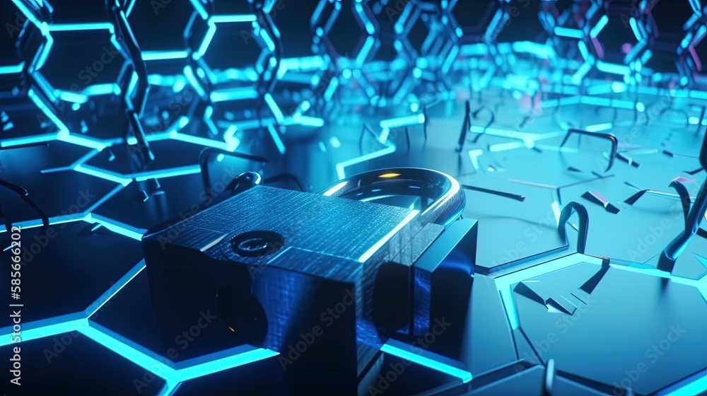 Cyber security concept with closed padlock on hexagons background 3D rendering.generative Ai