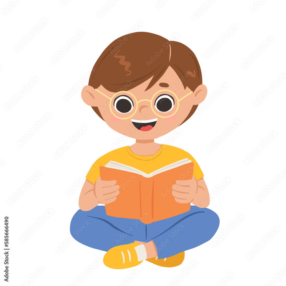 Cartoon boy with glasses sitting and reading a book Cartoon boy with glasses sitting and reading a book