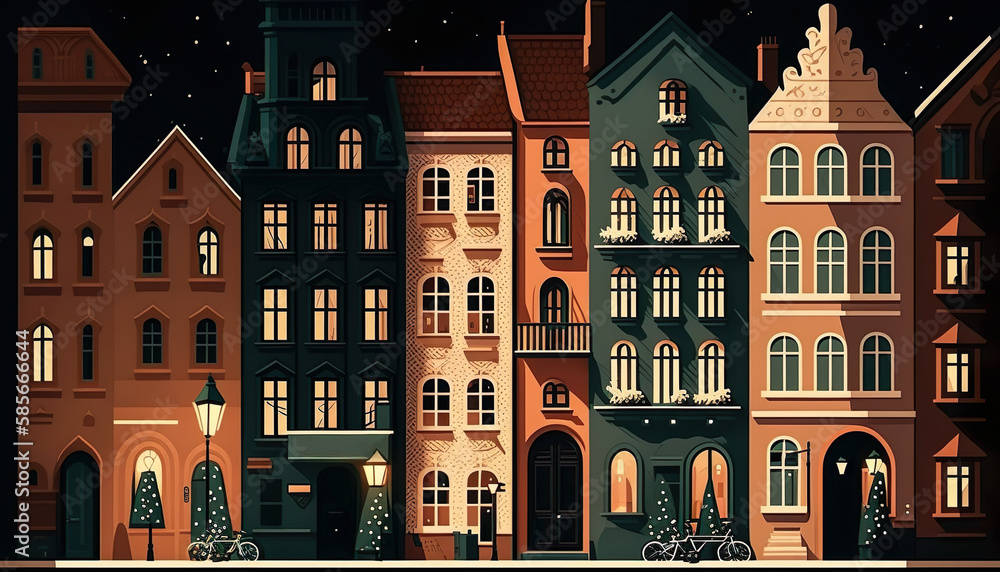 Urban Christmas City Illustration On Dark Background With Stars And Lights - Generative AI