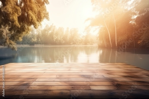 serene wooden deck overlooking a calm body of water. Generative AI © AkuAku