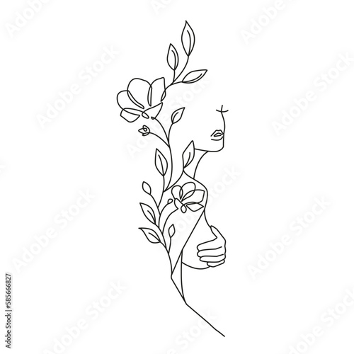 Woman Portrait with Flowers Line Art Drawing. Floral Beauty Female Art Minimalistic Lines Drawing. Woman Beauty Continuous Line Abstract Drawing for Modern Trendy Design. Vector Illustration.