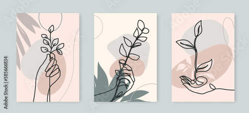 Hands with Flowers Continuous Line Drawing Prints Set for Wall Decor. Botanical Minimalist Abstract Illustration One Line Style for Modern or Boho Design. Vector Illustration