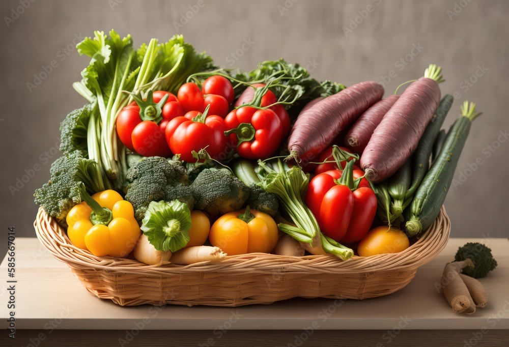 vegetables in a basket, A basket of vegetables on a table vegetables in a basket, A basket of vegetables on a table