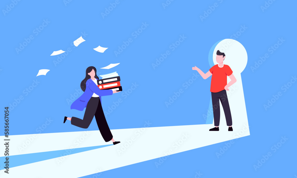 Unlock your opportunity concept with keyhole and ambitious people running to career potential and work financial success flat style vector illustration. New way business beginnings and unlock future. Unlock your opportunity concept with keyhole and ambitious people running to career potential and work financial success flat style vector illustration. New way business beginnings and unlock future.